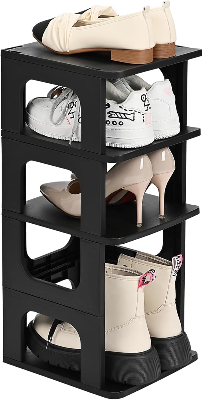 TRZZ 4-Tier Small Shoe Rack, Vertical Narrow Stackable Organizer with Removable Partition, Efficient Shoe Storage for Closet,