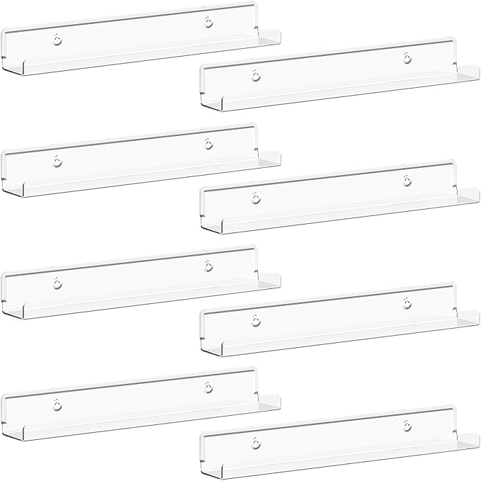 Lifewit Narrow Floating Shelves for Vinyl Record 8 Pack, 12" Clear Wall Shelves for Nail Polish/Book/Picture/Makeup, Acrylic 