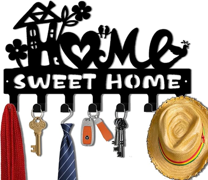 Key Holder Wall Mount, Home Sweet Home Sign, Key Holder Wall for Wall Decorative with 6 Hooks, Organizer Rack Hanger for Entr