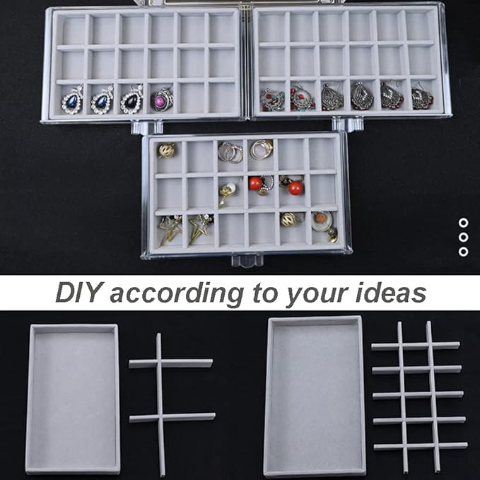 YUFONG Earring Organizer Box Acrylic Jewelry Organizer with 3 Drawers 54 Adjustable Grids Clear Stackable Earring Holder Velv