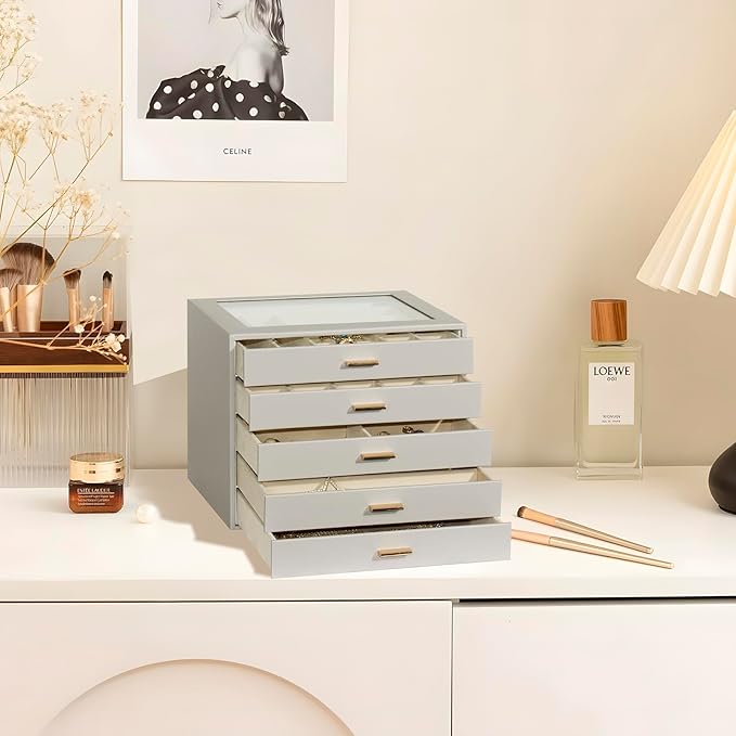 Jewelry Box with Glass Lid, 5-Layer Jewelry Organizer for Women Girls, PU Leather Display Case with 20-Grid Earring Tray & Mo