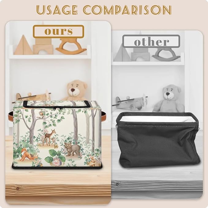 Woodland Wildlife Storage Basket - Cute Animals Party Bin Collapsible Organizer with Zipper Lid, Kid Rectangular Decorative B