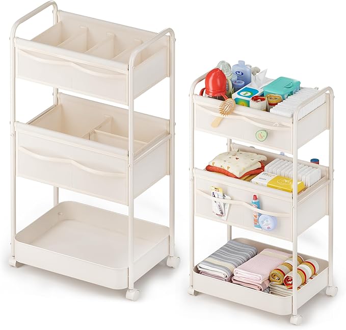 Baby Diaper Caddy, Premium Metal& Felt Movable Cart with Dividers for Newborn Nursery Essentials, Large Capacity Rolling Diap