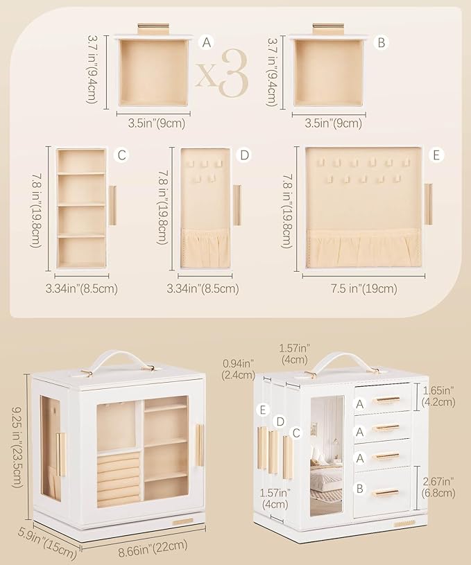Homde Jewelry Box 360° Rotating, Necklace Earring Organizer with Transparent Window, Mirror, 7 Drawers, Large Ring Display St