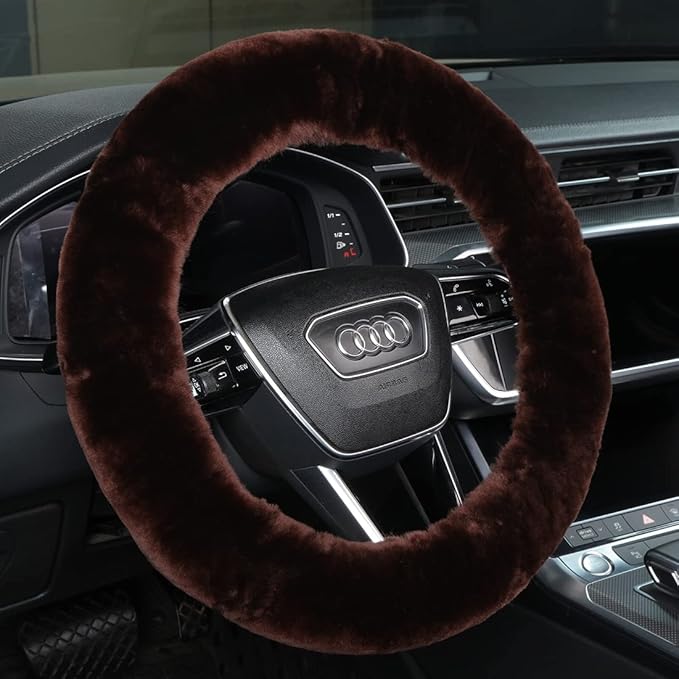 Fluffy Fur Wool Sheepskin car Steering Wheel Cover, Fuzzy Protector for Universal Steering Wheel 15inch, Anti-Slip,Comforting