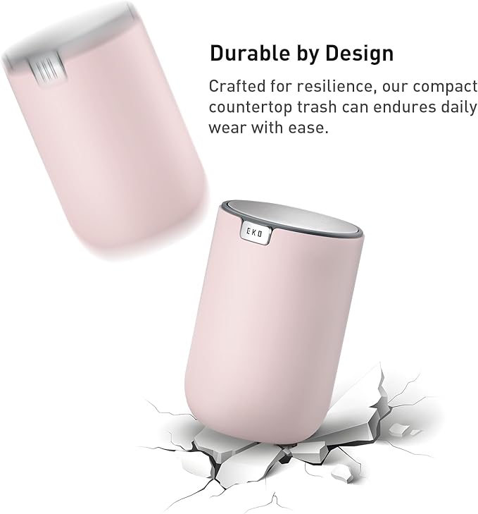 EKO Fandy 0.4 Gal/1.5L Mini Tabletop Trash Bin with Swing-Lid, Desktop Trash Can for Bathroom Countertop, Vanity, Coffee or Office, Small Garbage Bin (Pink)