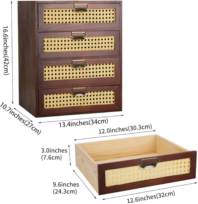 Large Wooden Storage Box with Drawers (Boho Apothecary Cabinet, Rattan Frame, Brown)