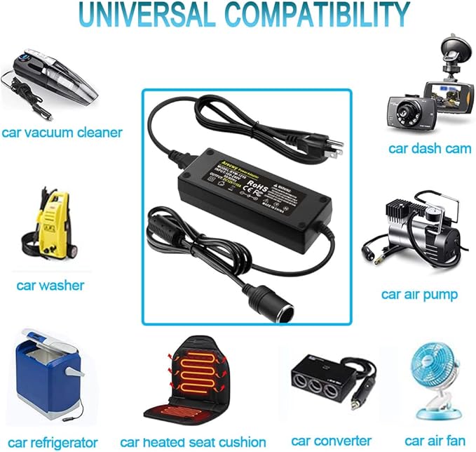 AC to DC Converter, 100V ~ 240V to 12V 10A 120W, Car Cigarette Lighter Socket AC/DC Power Supply Adapter Transformer for Tire