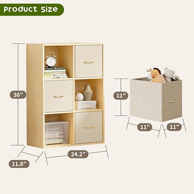 EXPERLAM 6 Cube Storage Organizer - Solid Wood Bookshelf with 3 Storage Bins, Cube Shelf with 2 Removable Back Panels, Vertic