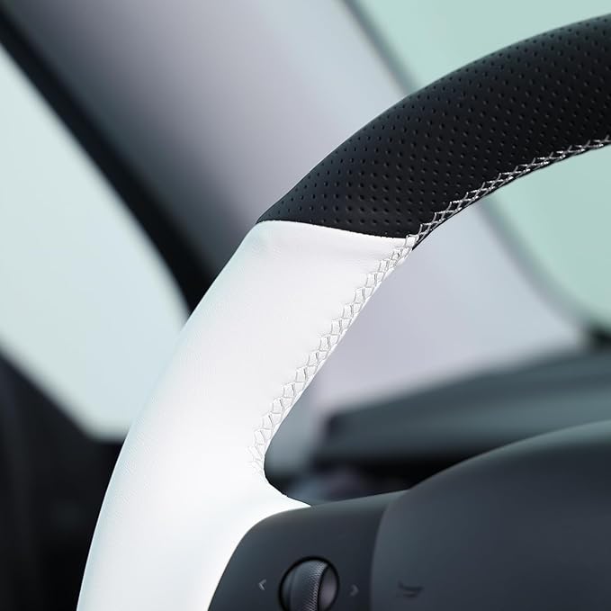 MEWANT Hand Stitched White Leather Tesla Model 3 Steering Wheel Cover for Tesla Model 3 2017-2023 / Model Y 2020-2023 for Tesla Model 3/Y Accessories