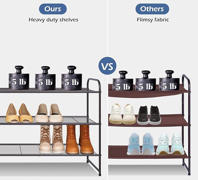 KEETDY Long 3 Tier Shoe Rack for Closet Wide Shoe Storage Organizer Stackable Metal Shoe Shelf for 24 Pairs Men Sneakers with