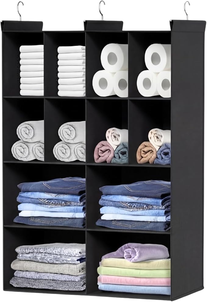 Ofiray-home 4 Tier Hanging Closet Organizer, 12 Compartments Sweater Organizer for Closet with 3 Sturdy Hooks, Closet Organiz