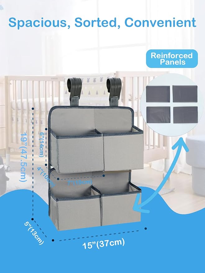 Hanging Diaper Organizer for Crib/Playpen/Bassinet – Hold 80+ Diapers - 4 Deep Pockets-H19in x L15 in Changing Table Diaper H