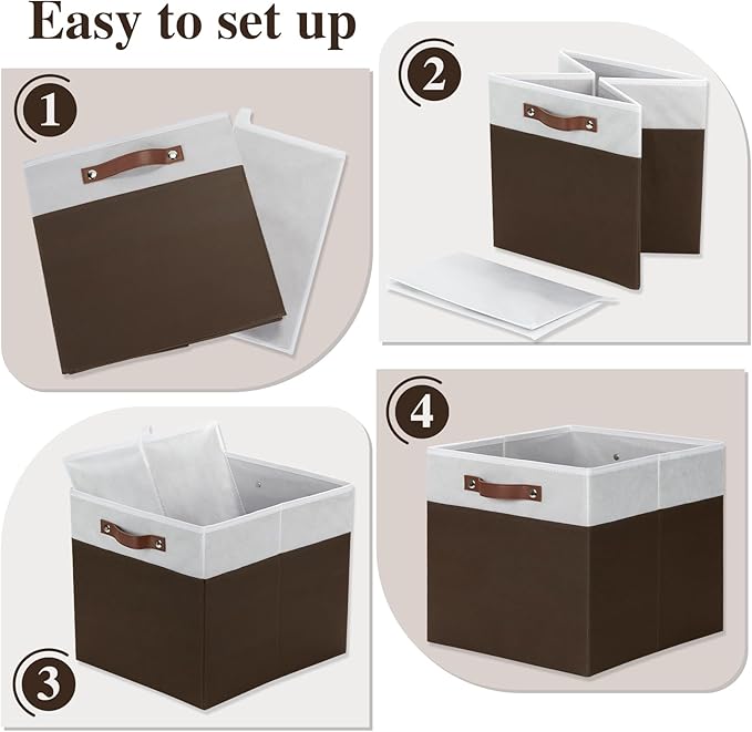 Temary Foldable Cube Baskets 4Pack - Shelf Storage Bins with Handles, Fabric Storage Organizer for Clothes, Home (White&Brown