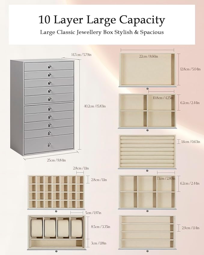 GUKA Large Jewelry Box, Jewelry Case with 10 Drawers for Big and Small Jewelry, Jewelry Storage Organizer for Watch Earrings 