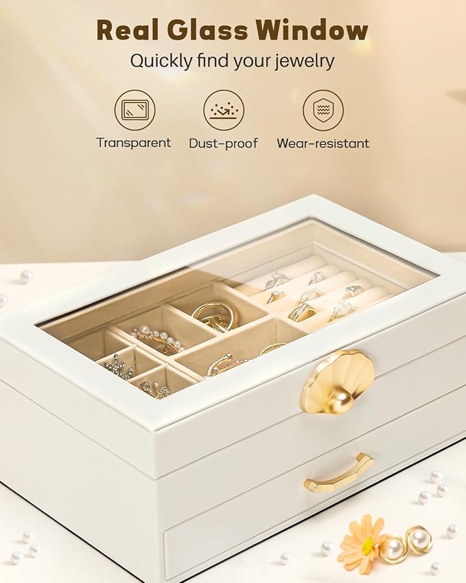 Enthralite Jewelry Box with 1 Drawers: Display Organizer for Earrings Necklaces - Christmas Gifts for Girls Women (White)