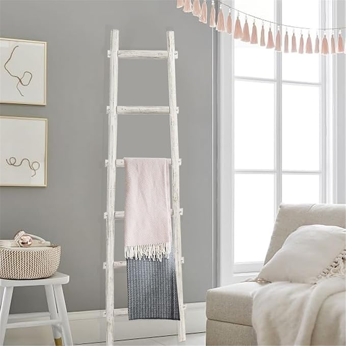 HomeStock Decorative Wooden Ladder Accent Piece for Blankets & Towels White