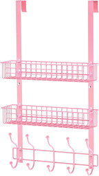 Coat Rack, Over The Door Hanger with Mesh Basket, Detachable Storage Shelf for Towels, Hats, Handbags, Coats (Pink-2 Baskets)