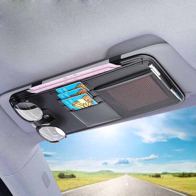 Large Car Visor Organizer Holder for Truck/SUV, Document Storage Pouch Holder with Multi-Pocket Net Zipper for Cards, License, Sunglasses, Pen, Key