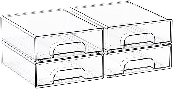 Yieach 2.2'' High Small Clear Stackable Storage Drawers,4 Pack Desk Organization and Storage Bins,Plastic Office Supply Organ