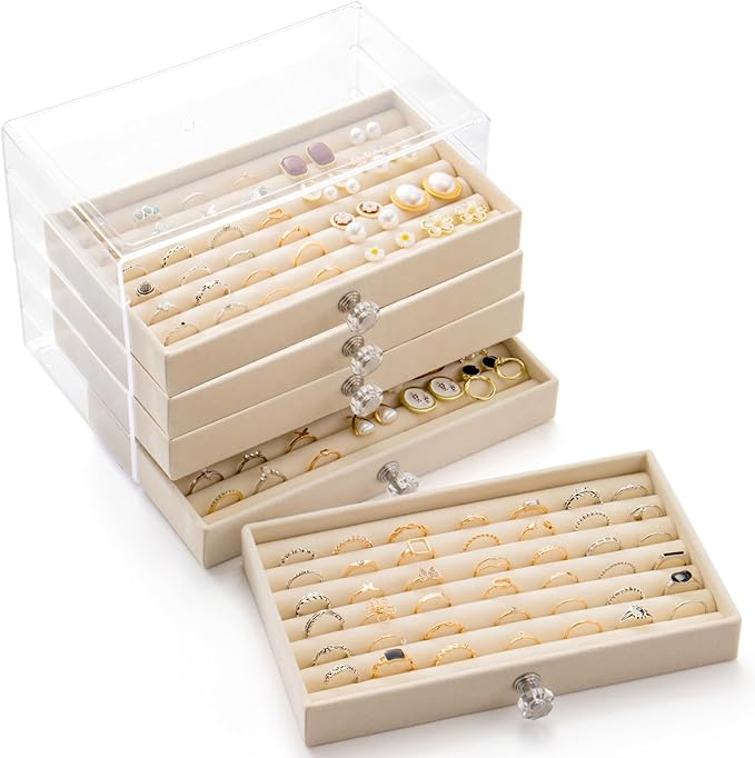 SPAKOWN Ring Box Display Holder, Clear Velvet Jewelry Storage Tray Organizer for Ring Stud Earring (Beige - 5 Drawers)