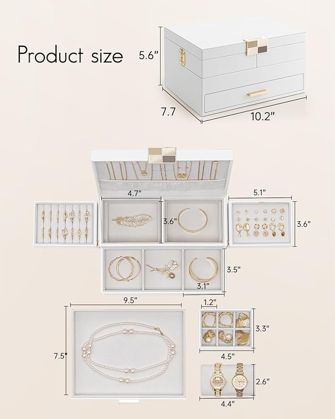 Vlando 3 Layer Jewelry Box - Women Jewelry Box with Retractable Tray - Jewelry Organizers with Drawer for Necklaces, Rings, B