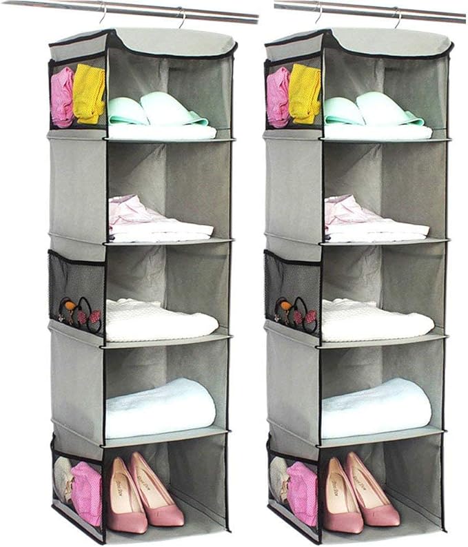 BrilliantJo 5 Shelves Hanging Closet Organizer, 2 Pack Hanging Storage with 6 Side Pockets for Clothes Bags, 43"x12"x12"(Gray