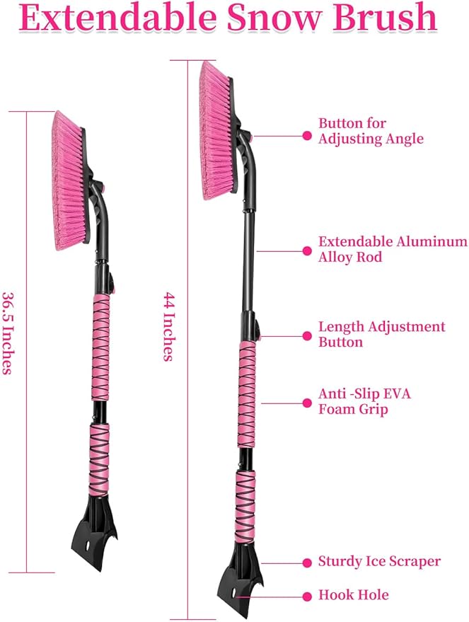 HEEYA 44 Inch Snow Brush for SUV, Ice Scraper for Car Windshield Window, Extendable Snow Scraper and Brush with Comfortable Foam Grip for Truck Vehicle Automobile - Pink