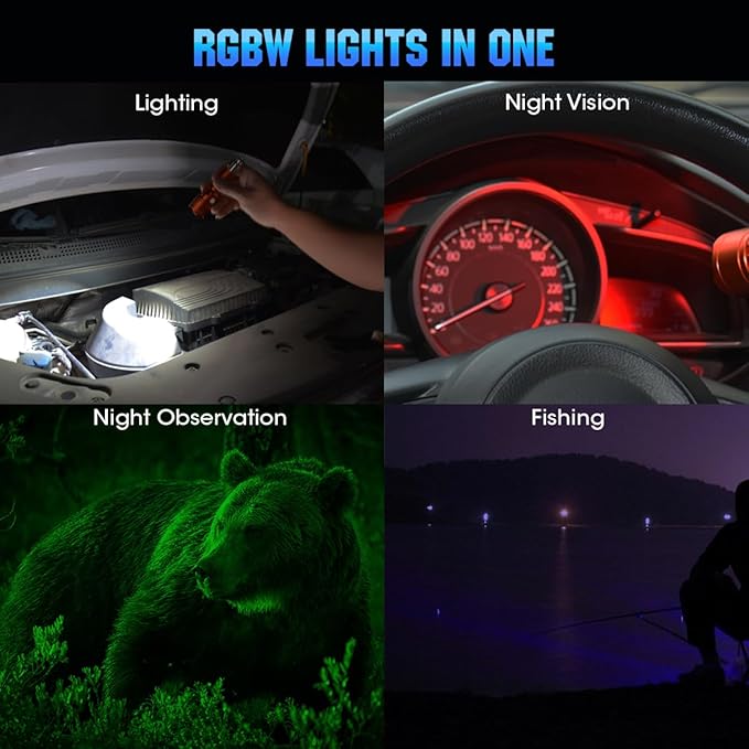 Small RGBW Flashlight Rechargeable with 12 Volt Car Cigarette Lighter & USB C for Auto Vehicles Emergency, Car Escape, Outdoo