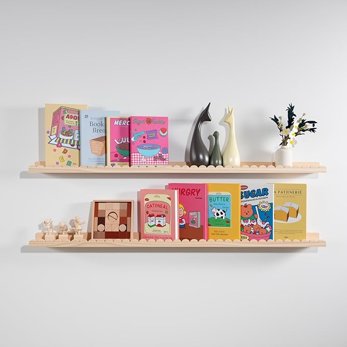 NEXHOME PRO Nursery Book Shelves, 2-Pack Solid Pine Wood Floating Shelves for Wall Kids, Wall Mounted Shelves for Bedroom/Liv