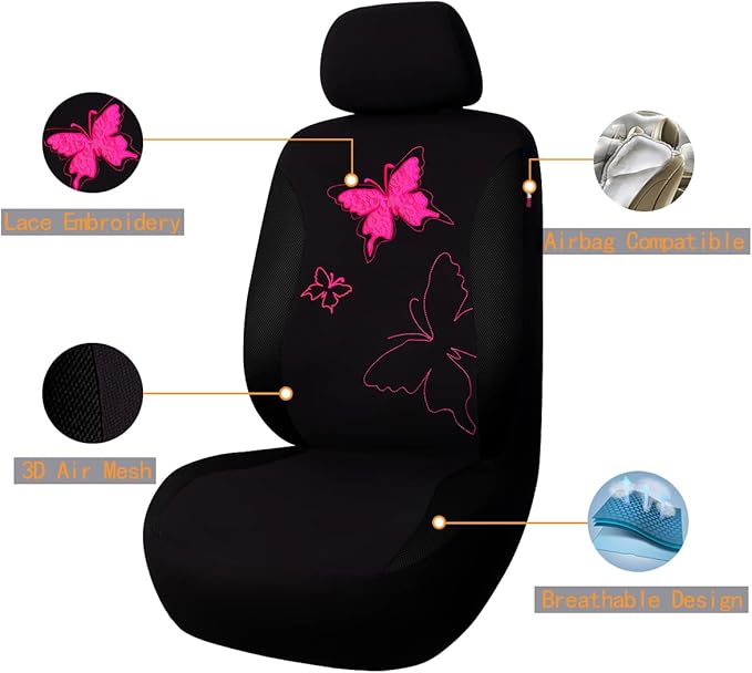 Flying Banner Butterfly car seat Covers ful Set Fashion Universal Lady Woman Female Rear Bench Split Colorized (Black Rose Re