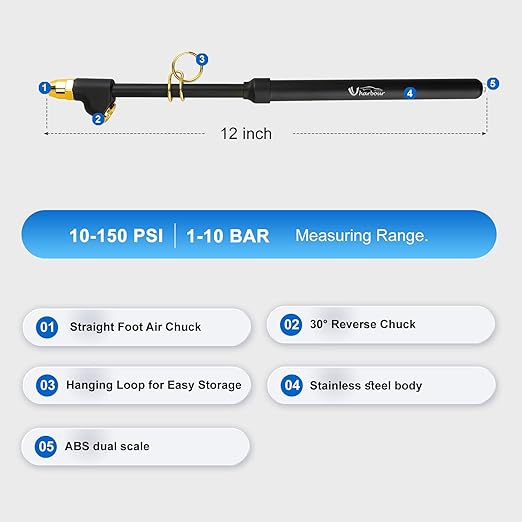 Dual Head Tire Pressure Gauge 10-150PSI, 12 Pcs Heavy Duty Semi Truck Tire Pressure Gauge 1-10 Bar, Air Pressure Gauge for Tires Extended Tube for Semi Truck, RV, Car, Motorcycle