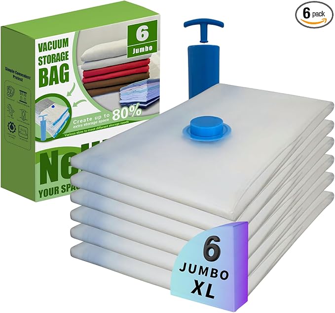 6 Jumbo XL Vacuum Storage Bags with Pump, Extra Large Compression Space Saver for Comforter, Duvet, Blanket, Bedding Storage,