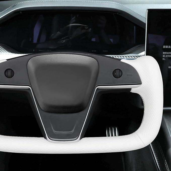 MEWANT Hand Stitched White Leather Tesla Model S Yoke Steering Wheel Cover Wrap for Tesla Model S 2021-2023 / Model X 2021-2023 Tesla Yoke Steering Wheel Accessories