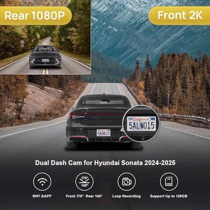 Fitcamx Front 2K+Rear 1080P Dash Cam Adapts for Hyundai Sonata 2024 2025 & Hybrid (Part No#L1600), Integrated OEM Look, Dual 