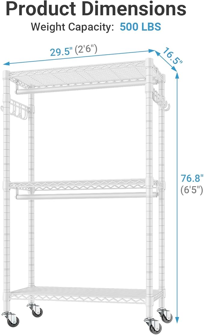VIPEK R2 Medium Heavy Duty Clothes Rack Rolling Clothing Rack Adjustable Metal Wire Shelving Portable Closets with Double Han