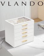 Vlando 5 Layer Jewelry Box for Women, Glass Lid Jewelry Organizer with 5 Drawers for Necklaces Rings Earrings Bracelets - Whi