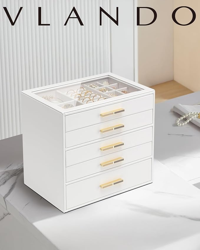 Vlando 5 Layer Jewelry Box for Women, Glass Lid Jewelry Organizer with 5 Drawers for Necklaces Rings Earrings Bracelets - Whi