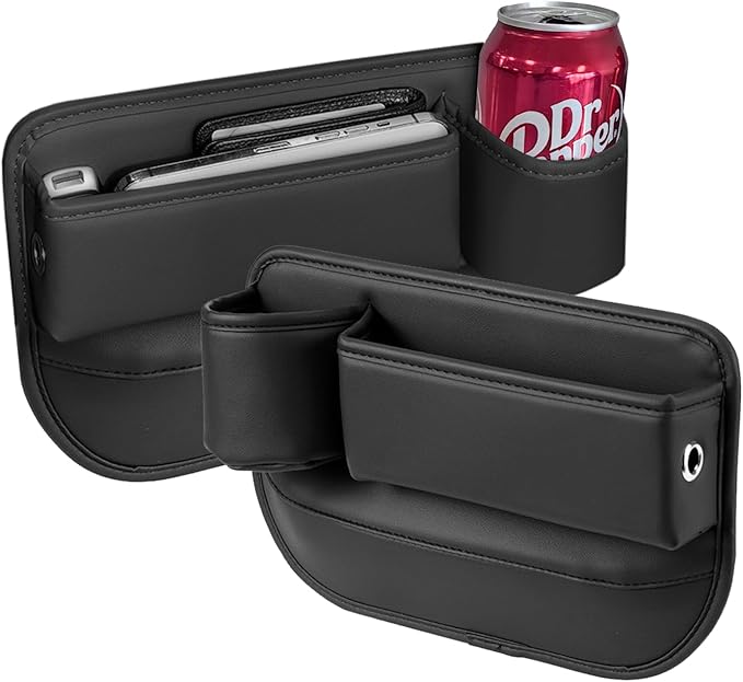 Car Seat Gap Filler Organizer with Cup Holder, Premium PU Leather Interior Accessories for Phone,Sunglasses,Keys, and Small Items, Universal Fit for Car, SUV and Truck,2-Packs Black