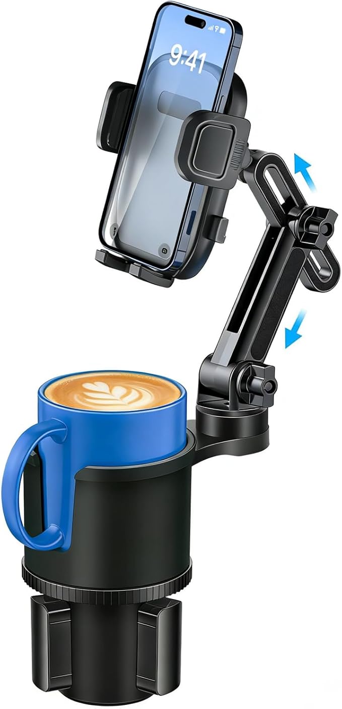 Cup Phone Holder for Car with Expandable Base, 2 in 1 Height-Adjustable Dual Cell Phone Holders Car Cupholder Mount, Friendly Fit Large Bottle & iPhone All Cellphone for Truck SUV | No Shake Design
