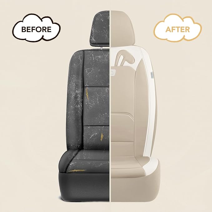 PIC AUTO Car Seat Covers, Cute Rabbit Premium Beige Leather Seat Covers, Universal Fit Front Seat Covers for Cars, Trucks, SU
