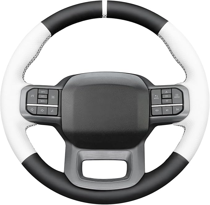 MEWANT Hand Stitch Black White Artificial Leather Steering Wheel Cover for Ford F150 Lightning F350 2024 Expedition