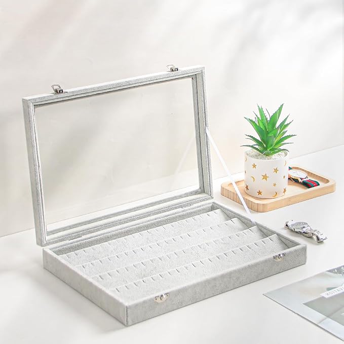 Coward Earring Organizer Tray Box, Grey Beige Velvet Earring Jewelry Display Storage Tray Case with Transparent Glass Lid for