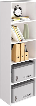 Wooden 5 Cube Storage Organizer, White 5 Tier Bookcase Bookshelf Freestanding Storage Display Organizer, Versatile Cubes Open