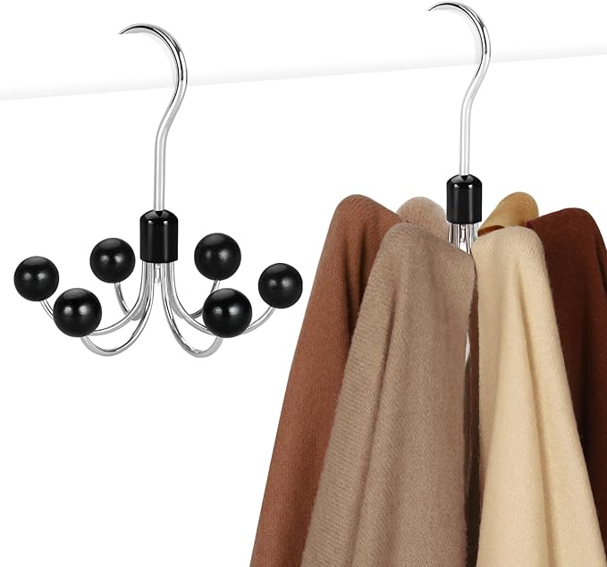 TOPIA HANGER Hoodie Hangers 2-Pack with 6 Wood Balls, 360°Swivel Purse Hanger, Scarf Hanger, Closet Hooks, Handbag Organizer,
