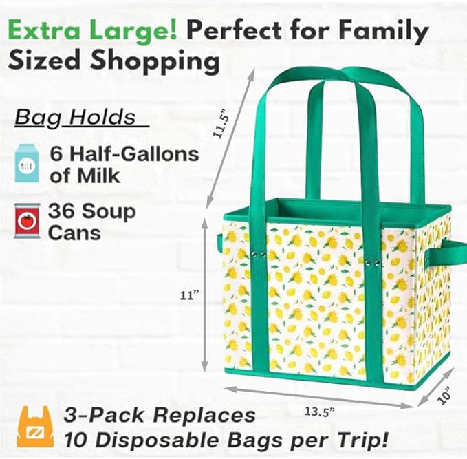 3 Pk Reusable Grocery Bags, Foldable Shopping Basket, Daily Utility Storage, Reinforced Bottom Handles Waterproof