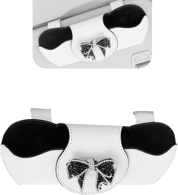 Bling Car Sunglass Holder, Rhinestone Bow Visor Storage Case for Sunglass Receipt Ornament, Soft Lining Anti-scratch Holder Clip, Interior Organizer Accessory for Cars (White)