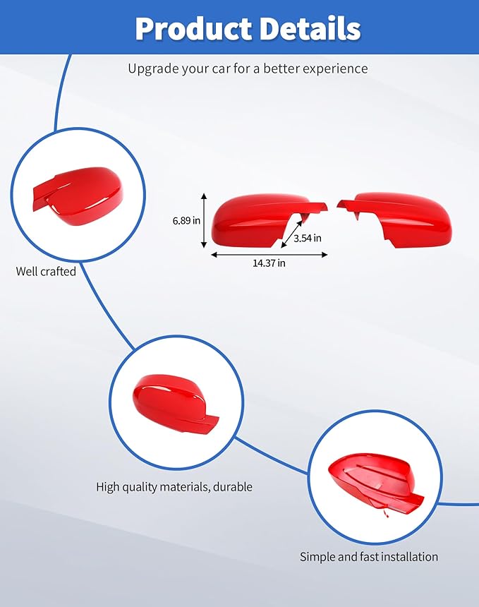 Rearview Mirror Fully Caps Covers Compatible with 2007-2014 Chevy Silverado GMC Sierra Avalanche Tahoe Suburban Yukon Escalade ESV Left Right Side View Mirror Cover Caps, Red