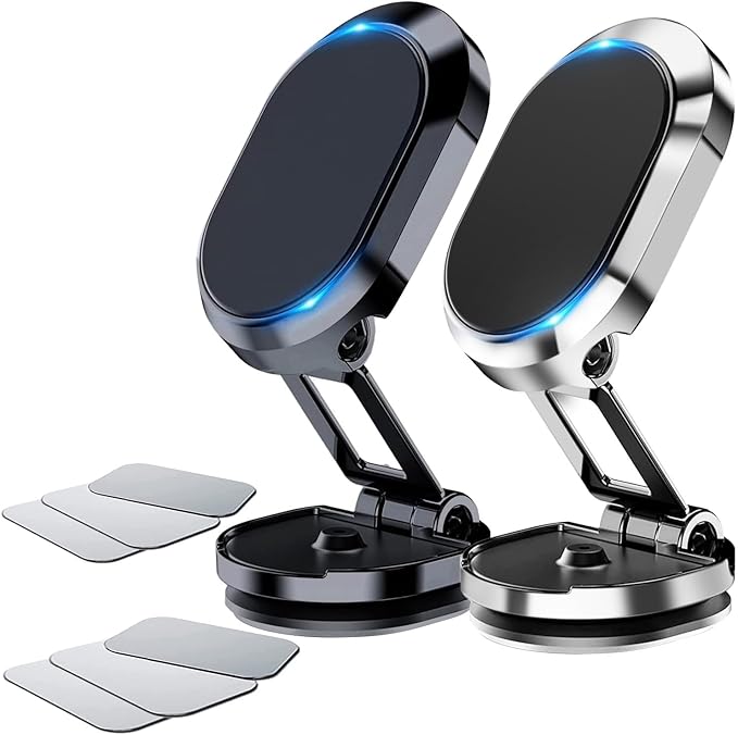 2 Pack Alloy Folding Magnetic Car Phone Holder,360° Rotation Magnetic Cell Phone Holder for Car [Super Strong Magnet] Bracket Magnetic Dashboard Phone Car Mount for All Smartphone (Silver+Black)