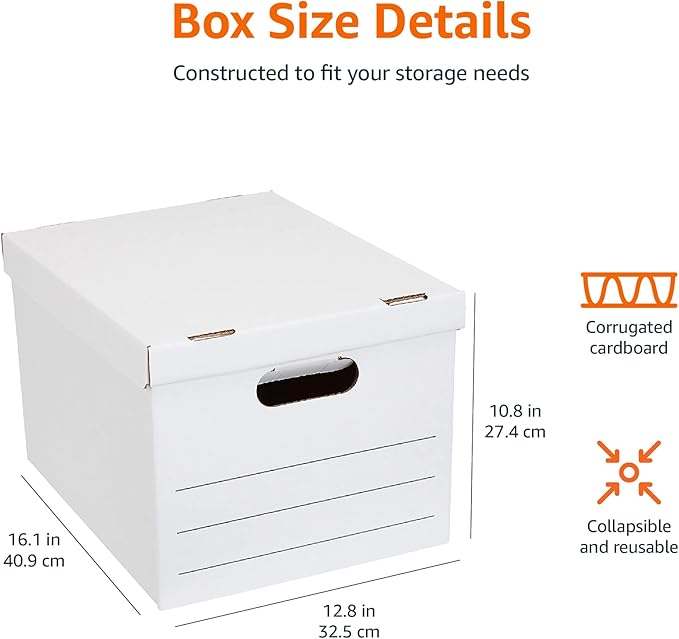 Amazon Basics Medium Duty Storage/Filing Boxes with Lid and Handles, Legal/Letter Size, 12-Pack, White, 16.2" L x 12.5" W x 1